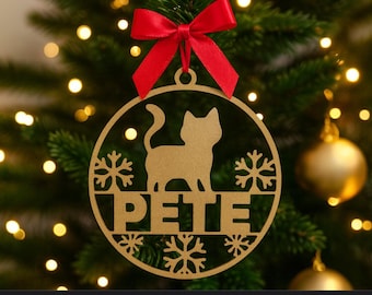 Personalized Cat Christmas Ornament: Custom Pet Name, Wooden Xmas Decor