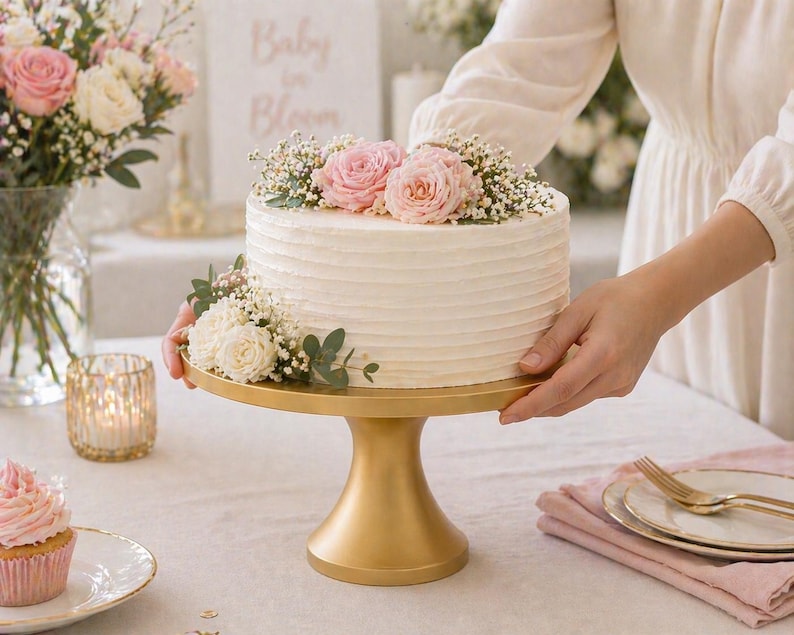 May include: A white frosted cake decorated with pink roses and greenery, presented on a gold cake stand. The cake is the centerpiece of a table setting, with a cupcake, flowers, and a candle in the background. The cake is for a baby shower.