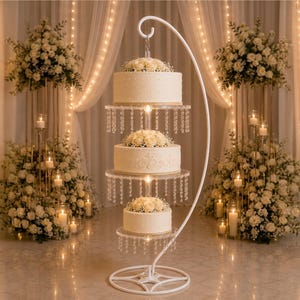 May include: A three-tier white cake stand with a curved metal frame and a circular base. The stand features three clear acrylic tiers, each decorated with hanging crystal-like beads, designed to hold cakes topped with white floral arrangements.