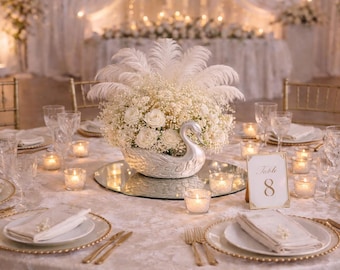 Elegant Swan Centerpiece | White Floral, Feather Arrangement for Weddings, Showers