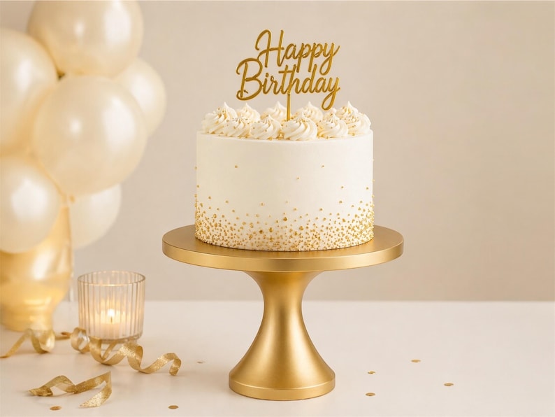 May include: A white frosted cake with gold sprinkles and a gold "Happy Birthday" cake topper sits on a gold cake stand. A cluster of cream-colored balloons and a lit candle in a glass holder are in the background.
