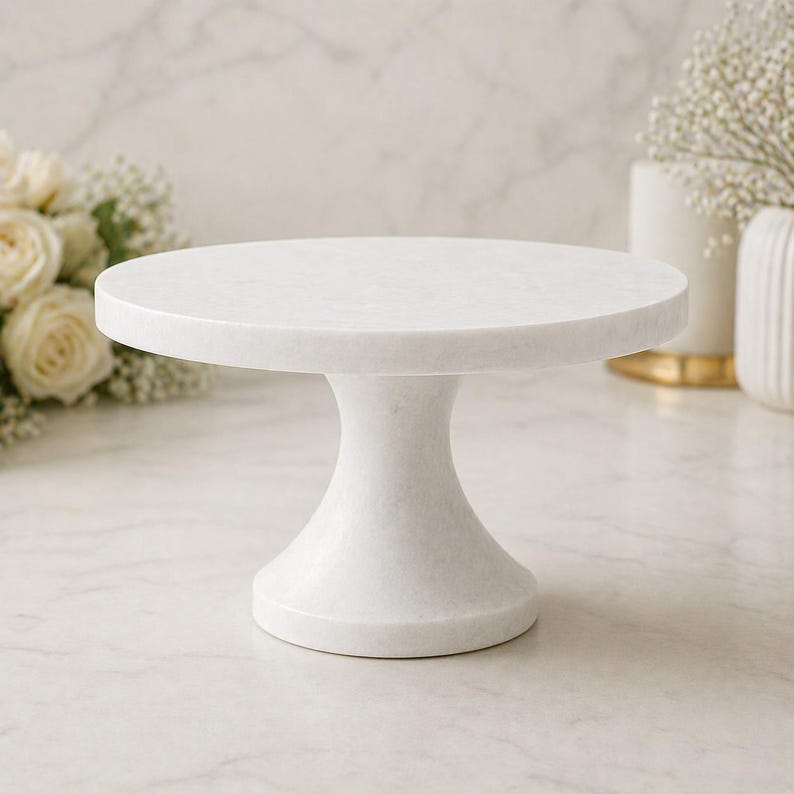 May include: A white marble cake stand with a round top and a pedestal base. The stand is made of a solid, smooth material and is suitable for displaying cakes, cupcakes, or other desserts. The stand is approximately 10 inches in diameter.