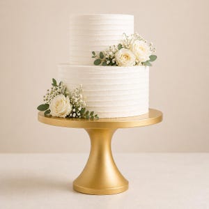 May include: A two-tiered white cake with textured frosting, adorned with white roses and greenery, sits on a gold cake stand. The cake stand has a round top and a pedestal base, creating an elegant presentation.