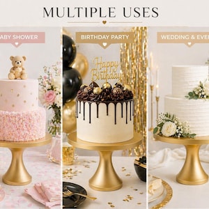 May include: Gold-colored cake stands displaying cakes for a baby shower, birthday party, and wedding. The cakes are decorated with frosting, flowers, and a teddy bear. The text "MULTIPLE USES" is at the top.