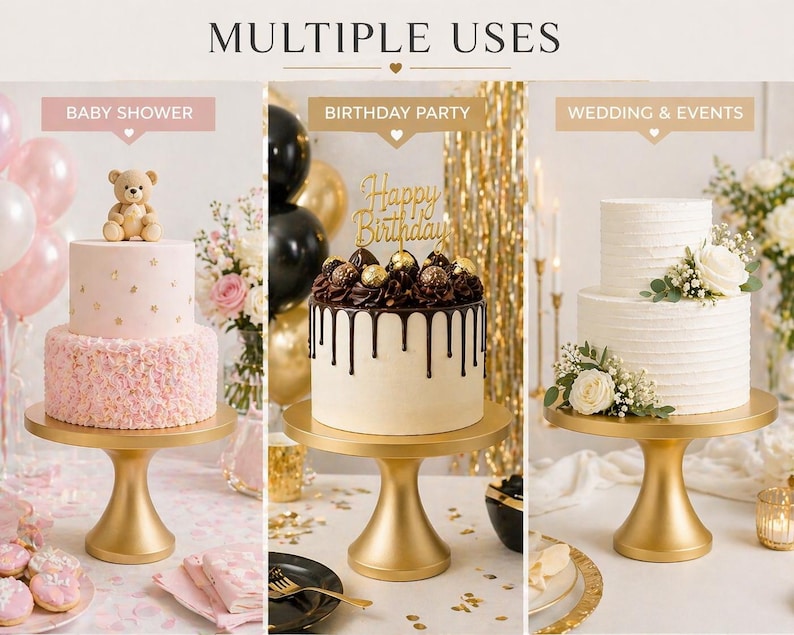 May include: Gold-colored cake stands displaying cakes for a baby shower, birthday party, and wedding. The cakes are decorated with frosting, flowers, and a teddy bear. The text "MULTIPLE USES" is at the top.
