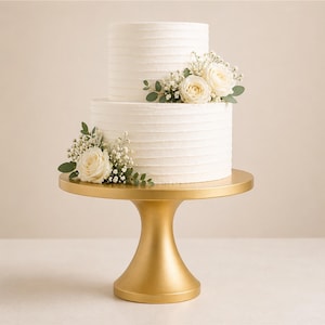 May include: A two-tiered white cake with textured frosting, adorned with white roses and greenery, sits on a gold-colored cake stand. The cake stand has a pedestal base and a round top, creating an elegant presentation.