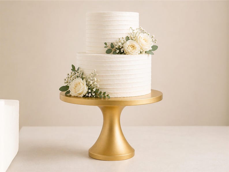 May include: A two-tiered white cake with textured frosting, adorned with white roses and greenery, sits on a gold-colored cake stand. The cake stand has a pedestal base and a round top, creating an elegant presentation.