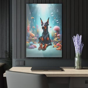 Arte de pared con impresión acrílica Doberman Reef Reverie, colgante con cornamusa francesa, regalo para amantes de los perros, decoración de pared de animales, obras de arte para mascotas, decoración de oficina en el hogar