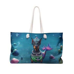Mermaid Doberman Oversized Weekender Tote Bag - Travel Duffel, Beach Bag, Carry-On, Overnight Bag, Gym Bag, Dog Lover Gift