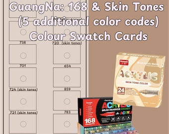 GuangNa 168 + GuangNa Skin Tones Combined Acrylic Markers Swatch Cards (PDF printable)