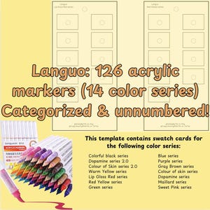 Languo 126 Acrylic Markers - 14 Color Series - Acrylic Markers Swatch Cards categorized & unnumbered (PDF printable)