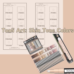 May include: A set of 22 acrylic paint pens in various skin tones, labelled "Tooli Art: Skin Tone Colors". The pens are arranged in a grid with the colour names and numbers listed below each pen. The pens are in a box with the Tooli Art logo and the words "Acrylic Paint Pens" and "Assorted Skin Tones".