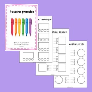 Op de afbeelding: Een printbaar werkblad om patronen te oefenen met verschillende vormen. Het werkblad bevat de titel "Pattern practice" en instructies om de pagina over te slaan tijdens het afdrukken. Het werkblad bevat secties om patronen te oefenen met rechthoeken, vierkanten en cirkels.