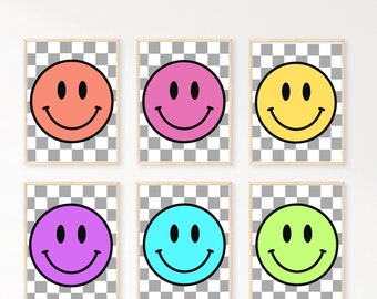 Set of 6 Wall Art, Smiley Face Checkered Printable, Multicolor Retro Smiley, Dorm Room Art, Playroom  Art, Office Art, Smiley Face Aesthetic