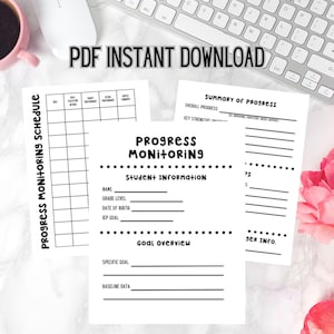 Puede incluir: Un formulario de seguimiento del progreso imprimible para estudiantes. El formulario incluye secciones para la información del estudiante, la descripción general de los objetivos y un resumen del progreso. El formulario es en blanco y negro con un diseño de línea punteada.