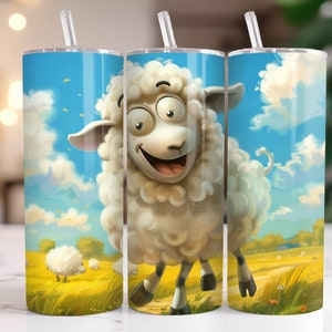 May include: A white sheep with a happy expression is walking through a field with blue sky and white clouds. The sheep is in front of a blue and white tumbler with a straw.