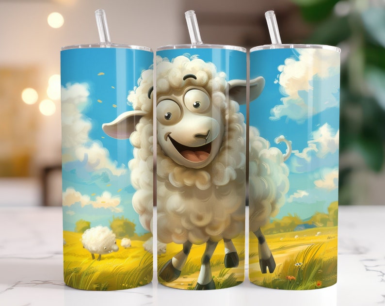 May include: A white sheep with a happy expression is walking through a field with blue sky and white clouds. The sheep is in front of a blue and white tumbler with a straw.