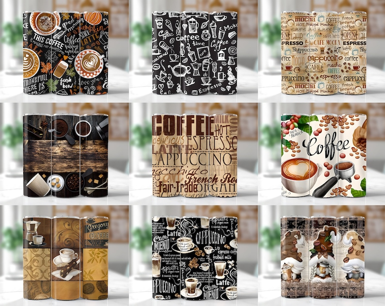 Pu&ograve; includere: Tre set di tre disegni a tema caff&egrave; per bicchieri da sublimazione. I disegni presentano chicchi di caff&egrave;, tazze da caff&egrave; e testo correlato al caff&egrave;. I disegni sono in vari colori, tra cui marrone, nero, bianco e rosso.