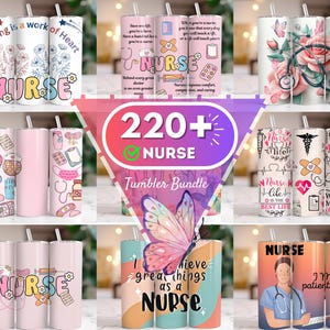 Può includere: Un set di oltre 220 bicchieri da sublimazione rosa e bianchi con vari disegni che includono farfalle, fiori, cuori e testo relativo all'assistenza infermieristica. Il testo include "Nursing is a work of heart", "Nurse", "Live in that nurse life", "Wife Mom Nurse", "Nurse like is the best life", "I achieve great things as a nurse", e "I make patients smile".