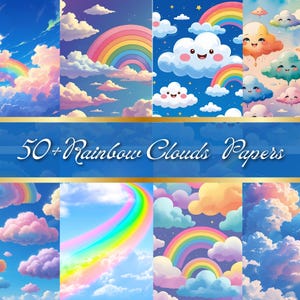 May include: A collection of digital papers featuring colorful rainbows and fluffy clouds. The papers have a variety of designs, including rainbows, smiling clouds, and blue skies. The text "50+ Rainbow Clouds Papers" is displayed on a blue banner.