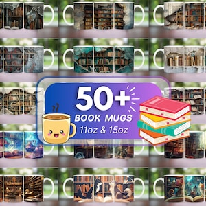 May include: A collection of 50+ white ceramic mugs with different book-themed designs. The mugs are 11 oz and 15 oz. The designs feature bookshelves, magical scenes, and cats reading books.