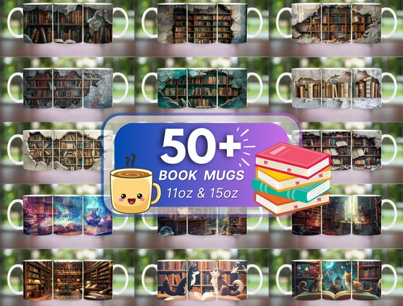 50+ 3D Book Mug Wrap, 11 oz 15 oz Mug Design, 3D Bookshelf Mug Sublimation, 3D Books Mug Wrap, PNG Book Lover Mug Book Coffee Mug, Books Png