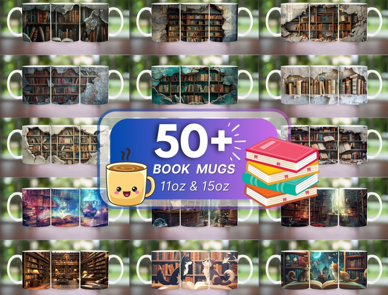 50+ 3D-boksmuggsförpackning, 11 oz 15 oz muggdesign, 3D-bokhyllemuggssublimering, 3D-boksmuggsförpackning, PNG-bokälskarmugg med bokkaffemugg, böcker png bild 1