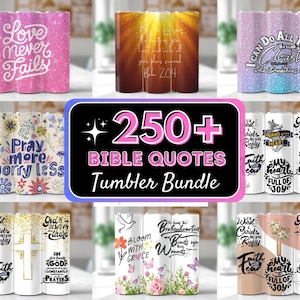 May include: A set of 250+ Bible quote tumblers. The tumblers feature a variety of designs, including floral patterns, glitter, and solid colors. The tumblers are perfect for adding a touch of faith to your daily routine.
