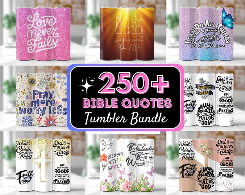 May include: A set of 250+ Bible quote tumblers. The tumblers feature a variety of designs, including floral patterns, glitter, and solid colors. The tumblers are perfect for adding a touch of faith to your daily routine.