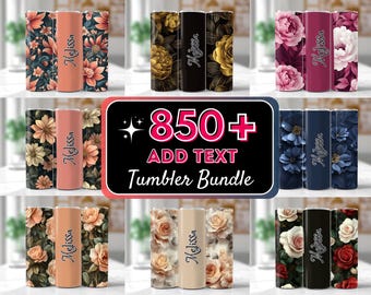 Puede incluir: Un conjunto de más de 850 vasos personalizables con varios diseños florales. Los vasos están disponibles en una variedad de colores y patrones, incluyendo rosa, azul, verde y amarillo. El texto "850+ ADD TEXT Tumbler Bundle" se muestra en el centro de la imagen.