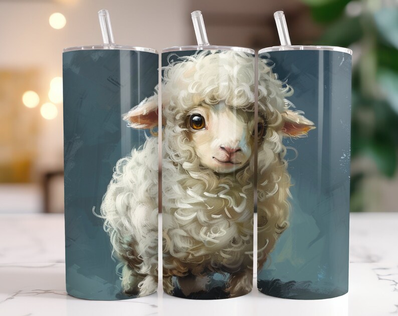 May include: Three stainless steel tumblers with a white fluffy lamb illustration. The lamb has brown eyes and a white muzzle. The tumblers have a blue background.