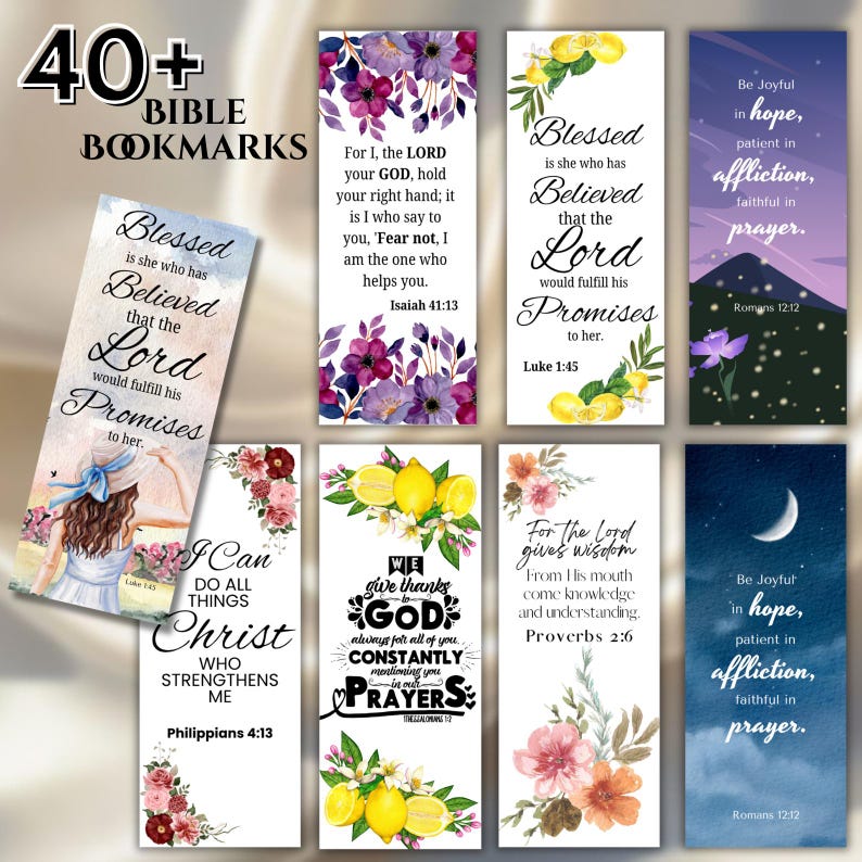 May include: A collection of over 40 Bible bookmarks with floral and watercolor designs. Each bookmark features inspirational quotes and Bible verses. The bookmarks are rectangular and vary in color, with text in black and white.