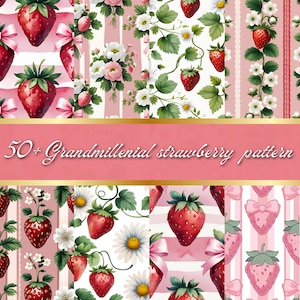 Puede incluir: Una colección de patrones digitales con fresas, margaritas y lazos sobre un fondo rosa. Los patrones incluyen rayas, arreglos florales y diseños de fresas repetidos. El texto dice "50+ Grandmillenial strawberry pattern".
