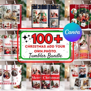 Más de 100 Navidades Agregue su propio paquete de fotos, envoltura de vaso de fotos personalizada, vaso de collage delgado editable Canva de 20 oz, envoltura completa de tobogán acuático