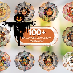 Op de afbeelding: Een verzameling Halloween windspinners met verschillende ontwerpen, waaronder pompoenen en vogelverschrikkers. De afbeelding bevat een zwart silhouet van een vogelverschrikker en de tekst "100+ Halloween Scarecrow WindSpinner".