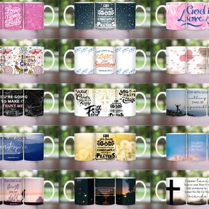 May include: Set of 16 white ceramic mugs with inspirational quotes and designs. The mugs feature various colors and patterns, including floral, geometric, and abstract designs. The quotes include "Love Never Fails", "God is Love", "Bloom with Grace", "You're Going to Make It. Trust Me", "God Constantly Prays", "For with God Nothing Shall Be Impossible", "You Are God's Masterpiece", "Greater Love Has No One Than This, That He Lay Down His Life for His Friends", and more.