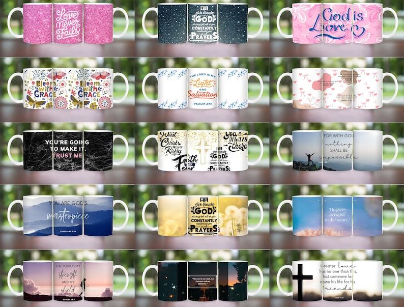 May include: Set of 16 white ceramic mugs with inspirational quotes and designs. The mugs feature various colors and patterns, including floral, geometric, and abstract designs. The quotes include "Love Never Fails", "God is Love", "Bloom with Grace", "You're Going to Make It. Trust Me", "God Constantly Prays", "For with God Nothing Shall Be Impossible", "You Are God's Masterpiece", "Greater Love Has No One Than This, That He Lay Down His Life for His Friends", and more.