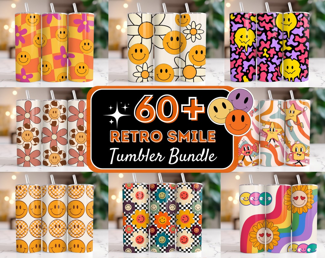 60+ Retro Tumbler Wrap Bundle, Retro Daisy Smile Face, 20oz Skinny ...