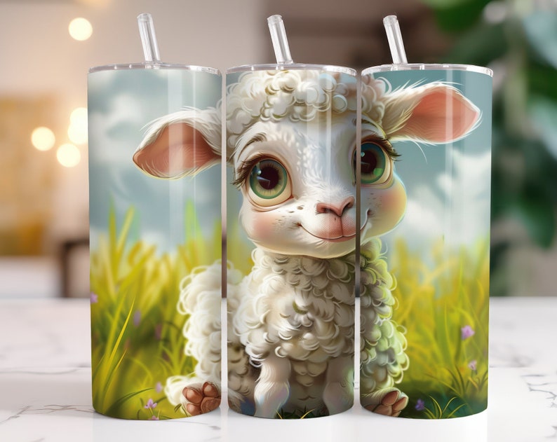 May include: A white lamb with a fluffy coat and big, brown eyes is featured on a stainless steel tumbler. The lamb is standing in a field of green grass with wildflowers.