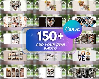 Más de 150 agregue su propio paquete de tazas de fotos, Canva editable agregue su sublimación de fotos, taza de collage de fotos, envoltura de sublimación de taza PNG, envoltura de taza PNG