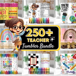 May include: A set of 250+ teacher tumbler designs. The tumblers feature a variety of designs, including rainbows, glitter, and school-themed graphics. The text "250+ Teacher Tumbler Bundle" is displayed in the center of the image.