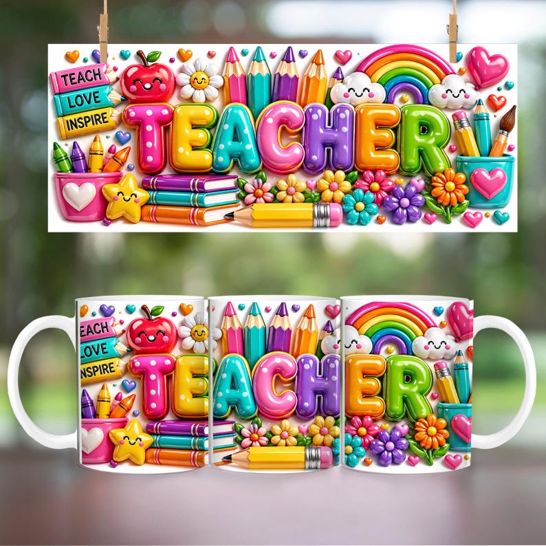 Puede incluir: Una taza de cer&aacute;mica blanca con un dise&ntilde;o colorido que presenta la palabra "TEACHER" en letras grandes. El dise&ntilde;o incluye l&aacute;pices, libros, corazones, flores y un arco&iacute;ris. La taza est&aacute; decorada con las palabras "TEACH, LOVE, INSPIRE".