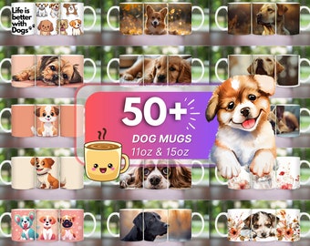 May include: A collection of 50+ dog themed mugs in various designs. The mugs are white with a variety of dog breeds and images. The text "50+ DOG MUGS 11oz & 15oz" is displayed in a purple banner.
