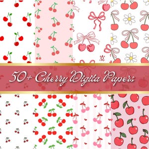 Può includere: Una collezione di carte digitali con motivi a ciliegia. Le carte presentano ciliegie rosse con steli verdi su vari sfondi, tra cui disegni bianchi, rosa e a righe. L'immagine include il testo "50+ Cherry Digital Papers" in un banner decorativo.