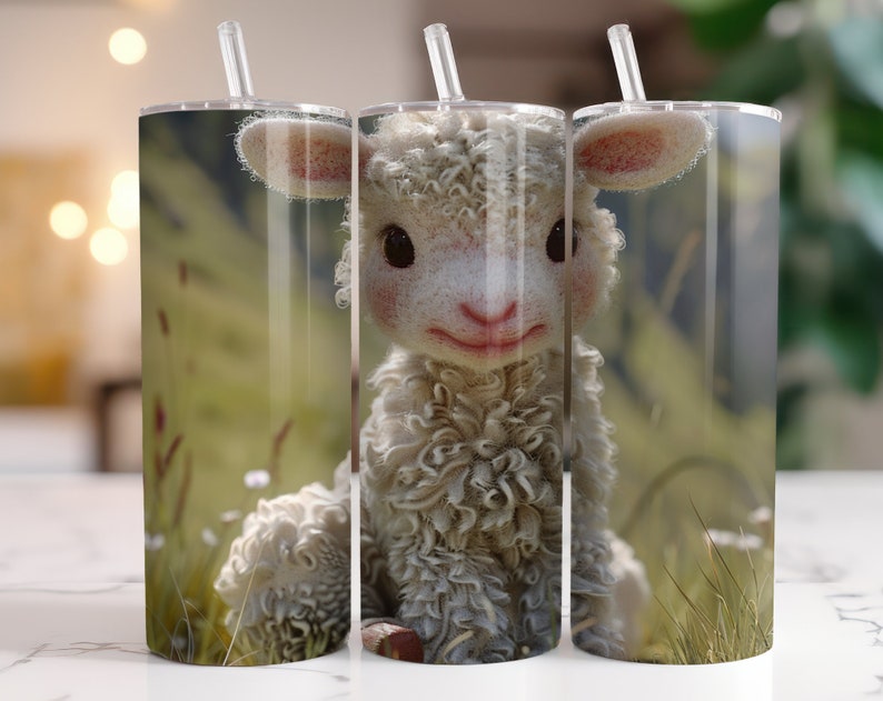 May include: A white fluffy lamb with brown eyes and a pink nose is looking directly at the camera. The lamb is sitting in a field of green grass with white flowers.