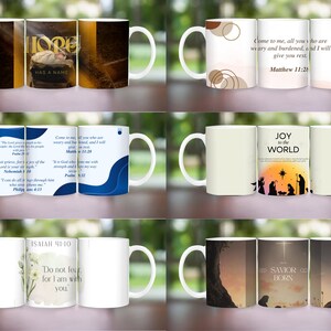 May include: Set of 10 white ceramic mugs with various Christian-themed designs and inspirational quotes. The mugs feature images of a baby Jesus, a sunset, and a floral design. The quotes include "Hope Has a Name", "Joy to the World", "Come to me, all you who are weary and burdened, and I will give you rest. Matthew 11:28", "Do not fear, for I am with you. Isaiah 41:10", and "Savior is Born".