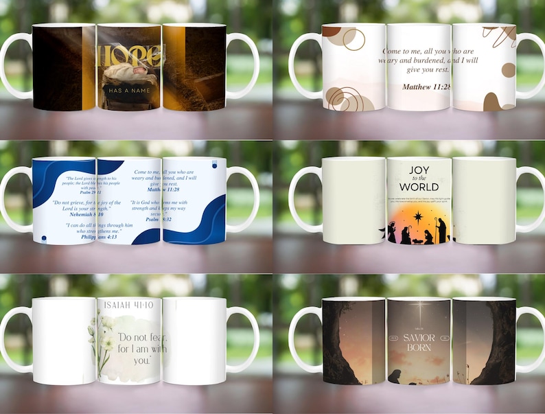 May include: Set of 10 white ceramic mugs with various Christian-themed designs and inspirational quotes. The mugs feature images of a baby Jesus, a sunset, and a floral design. The quotes include "Hope Has a Name", "Joy to the World", "Come to me, all you who are weary and burdened, and I will give you rest. Matthew 11:28", "Do not fear, for I am with you. Isaiah 41:10", and "Savior is Born".