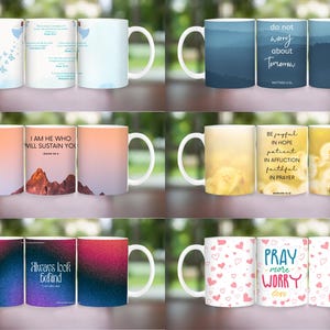 May include: Set of 10 white ceramic mugs with inspirational quotes and designs. The mugs feature a variety of colors and patterns, including blue, yellow, pink, and green. The quotes include "Do not worry about tomorrow", "I am he who will sustain you", "Be joyful in hope, patient in affliction, faithful in prayer", "Always look behind", and "Pray more worry less".