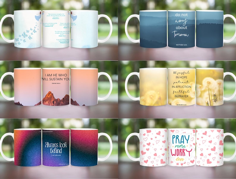 May include: Set of 10 white ceramic mugs with inspirational quotes and designs. The mugs feature a variety of colors and patterns, including blue, yellow, pink, and green. The quotes include "Do not worry about tomorrow", "I am he who will sustain you", "Be joyful in hope, patient in affliction, faithful in prayer", "Always look behind", and "Pray more worry less".