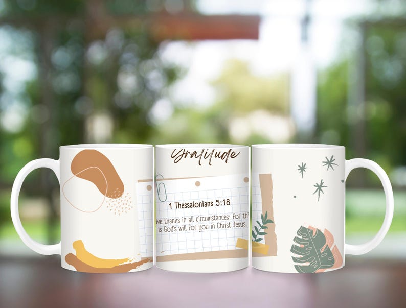 May include: Set of three white ceramic mugs with abstract designs. The mugs feature a quote from the Bible, 1 Thessalonians 5:18, "Give thanks in all circumstances; for this is God's will for you in Christ Jesus."
